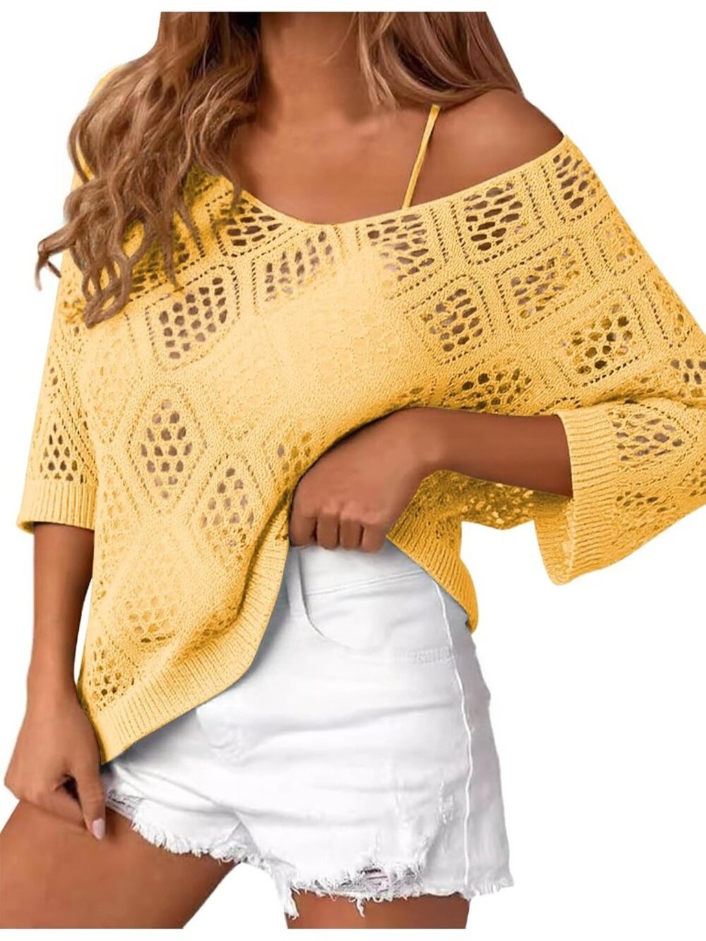 🆕Women's Yellow Sleeve Crochet Tops Summer V Neck Beach Cover Ups Casual